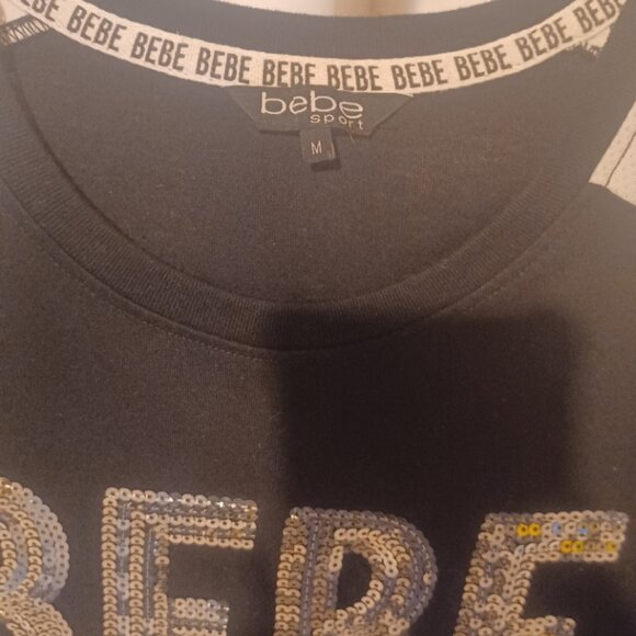 BEBE Bling Sequin Logo Striped Sleeve Tunic Black/White Med - Picture 2 of 3